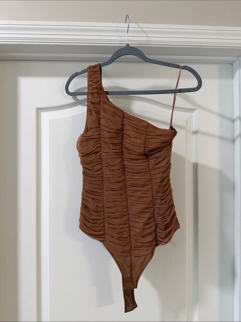 Le Lis Brown Ruched One-Shoulder Bodysuit